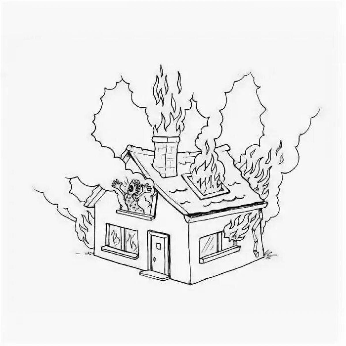Coloring book fire burning house
