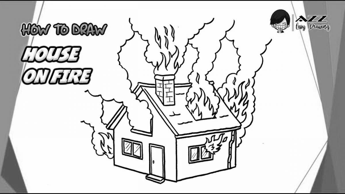 Coloring book burning house with lights