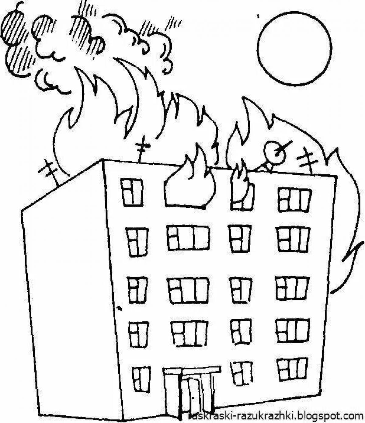 Coloring book sparkling burning house