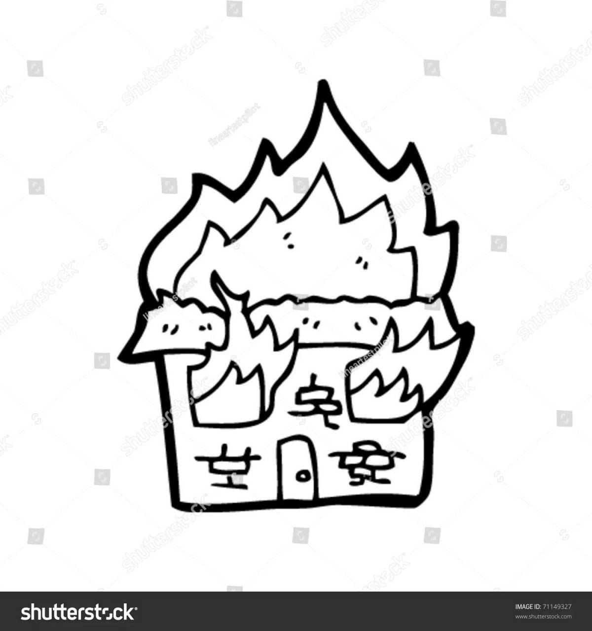 Intriguing coloring book burning house