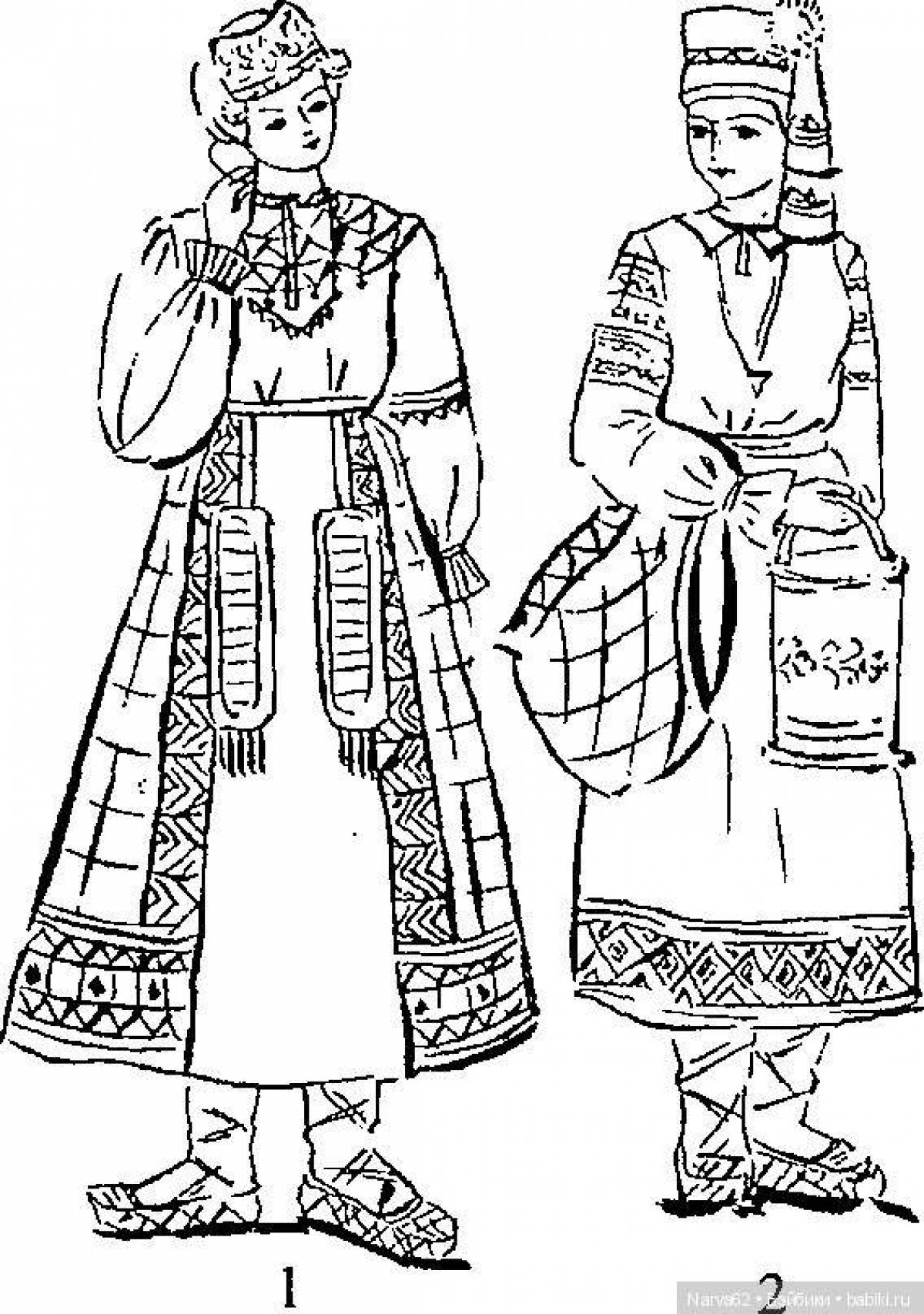 Coloring page exquisite Russian folk costumes