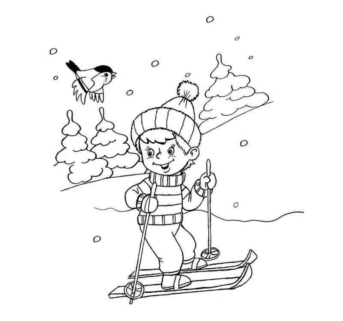 Фото Раскраска радостное катание на лыжах с горы