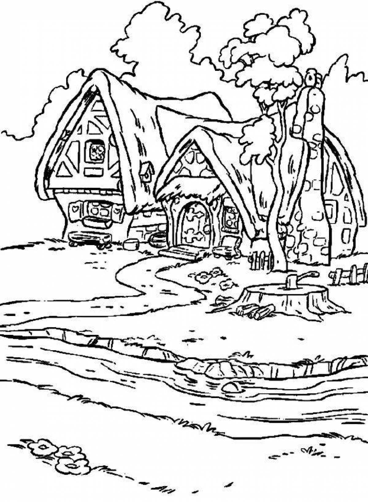 Фото Идиллическая раскраска домик в лесу