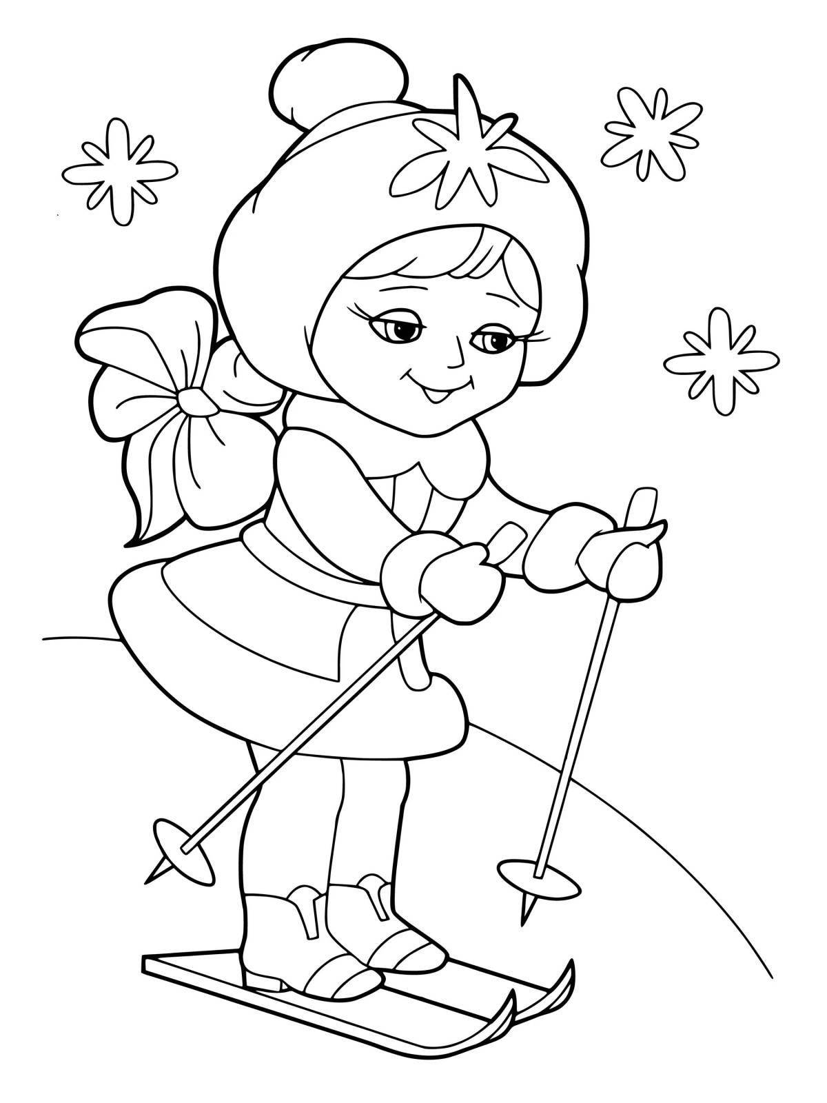 Фото Раскраска дерзкая девочка на лыжах