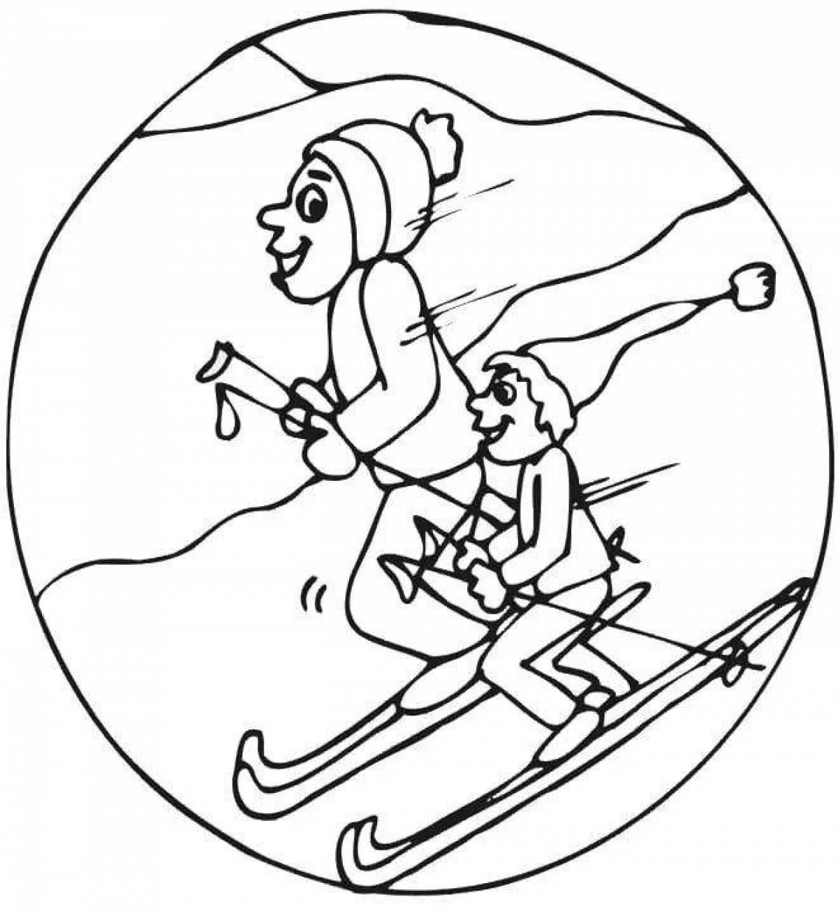 Фото Раскраска захватывающая девушка на лыжах