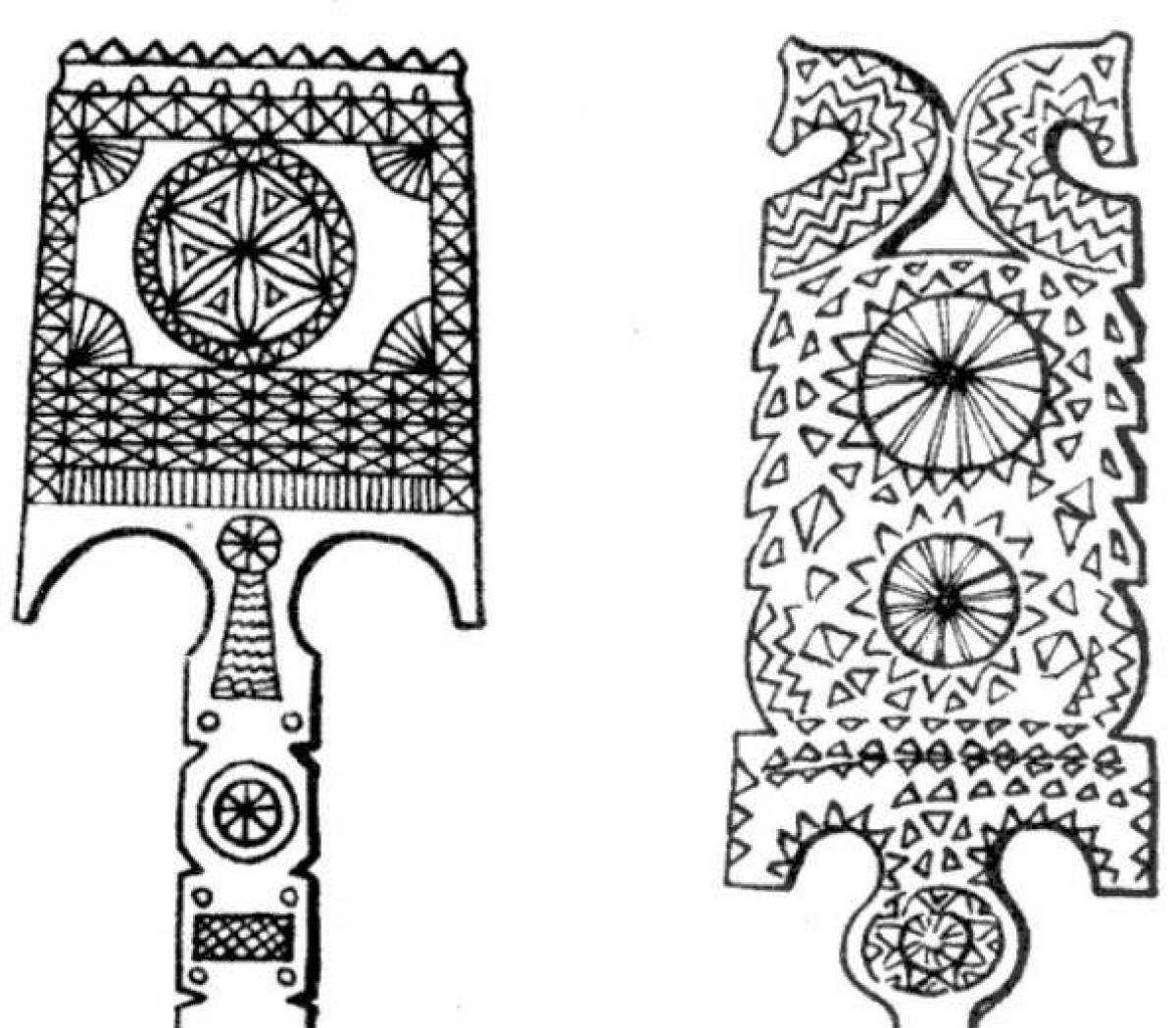Рисунки народного быта 5 класс. Прялка с солярными знаками. Солярные символы на прялках. Прялка с солярными знаками рисунок. Прялка с символикой древних славян.