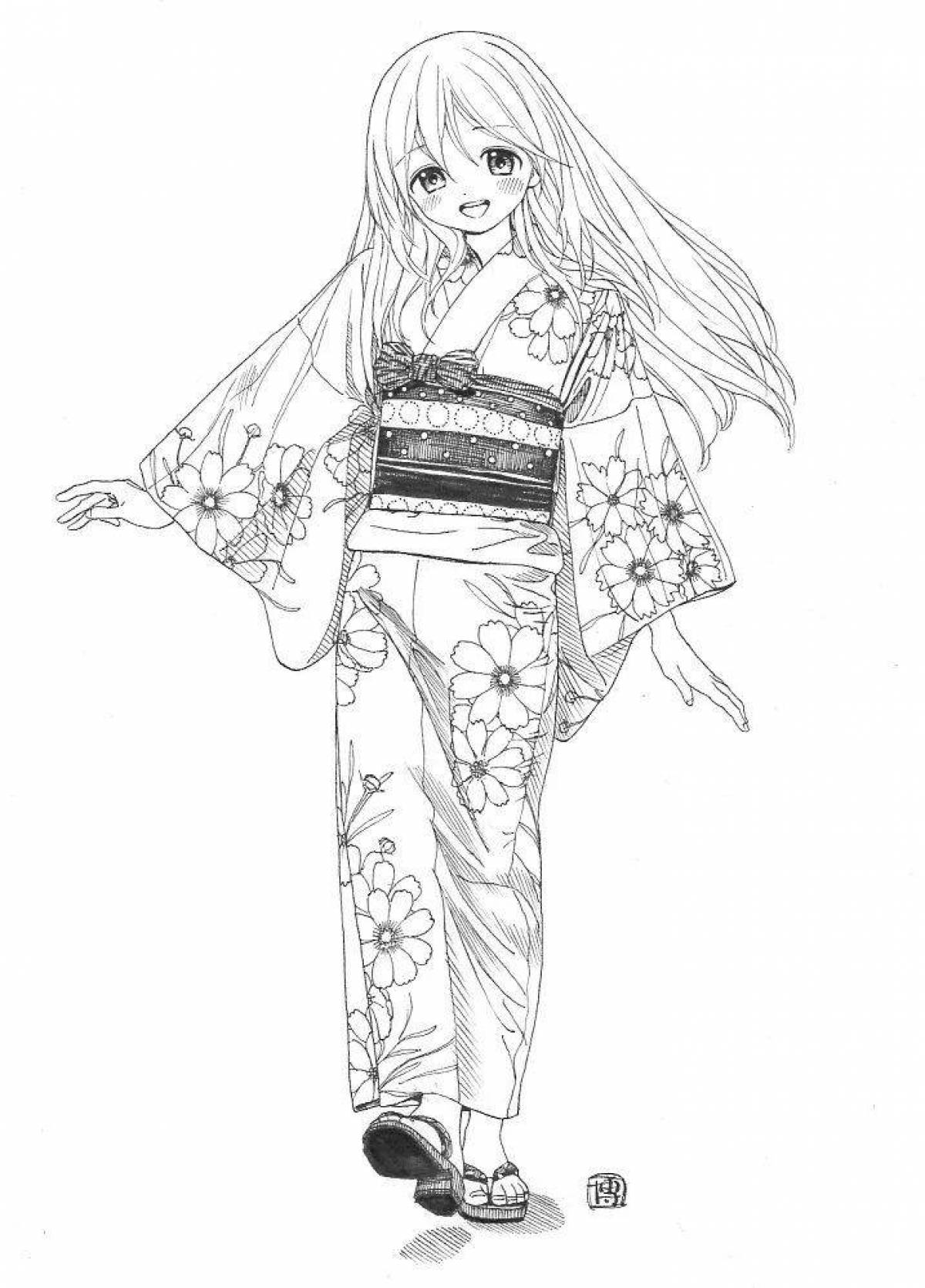 Девушка в кимоно раскраска