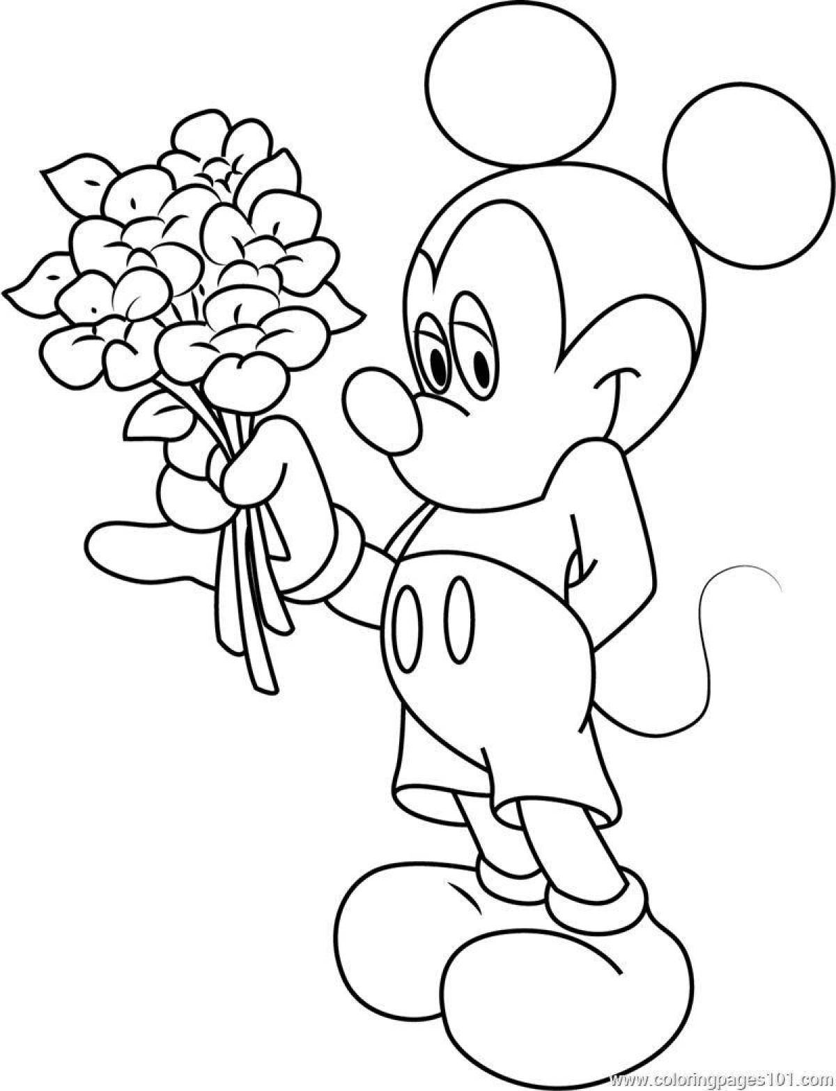 Раскраска Микки Маус с цветами
