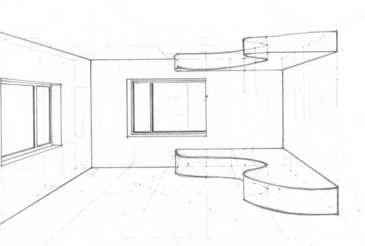Рисунок под углом. Чертеж комнаты. Интерьер комнаты чертеж. Чертеж комнаты в перспективе. Эскиз комнаты в угловой перспективе.