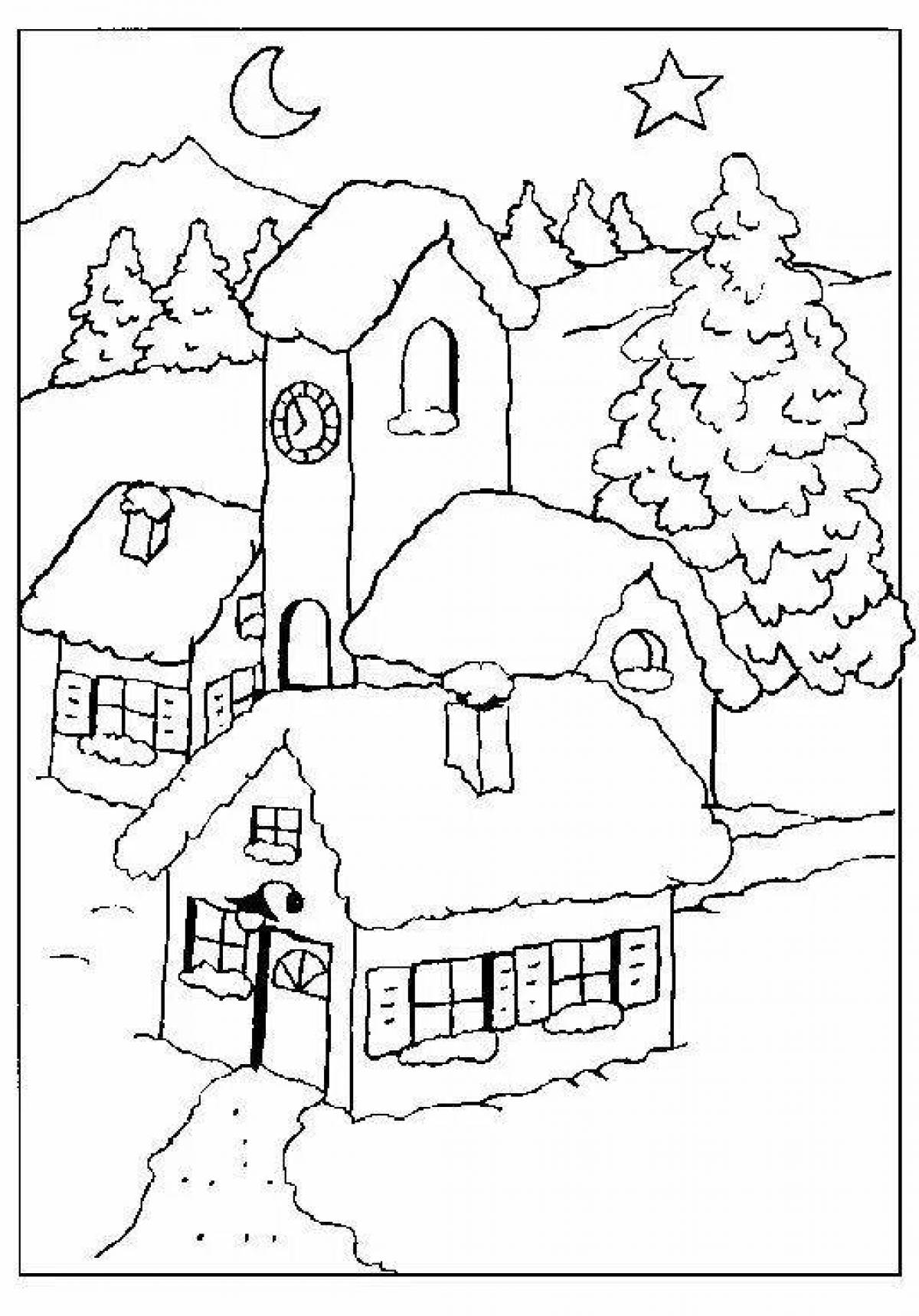 Coloring book inviting winter evening