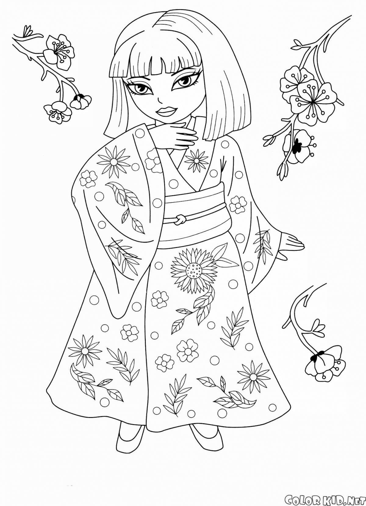 Colorful Japanese girl coloring book