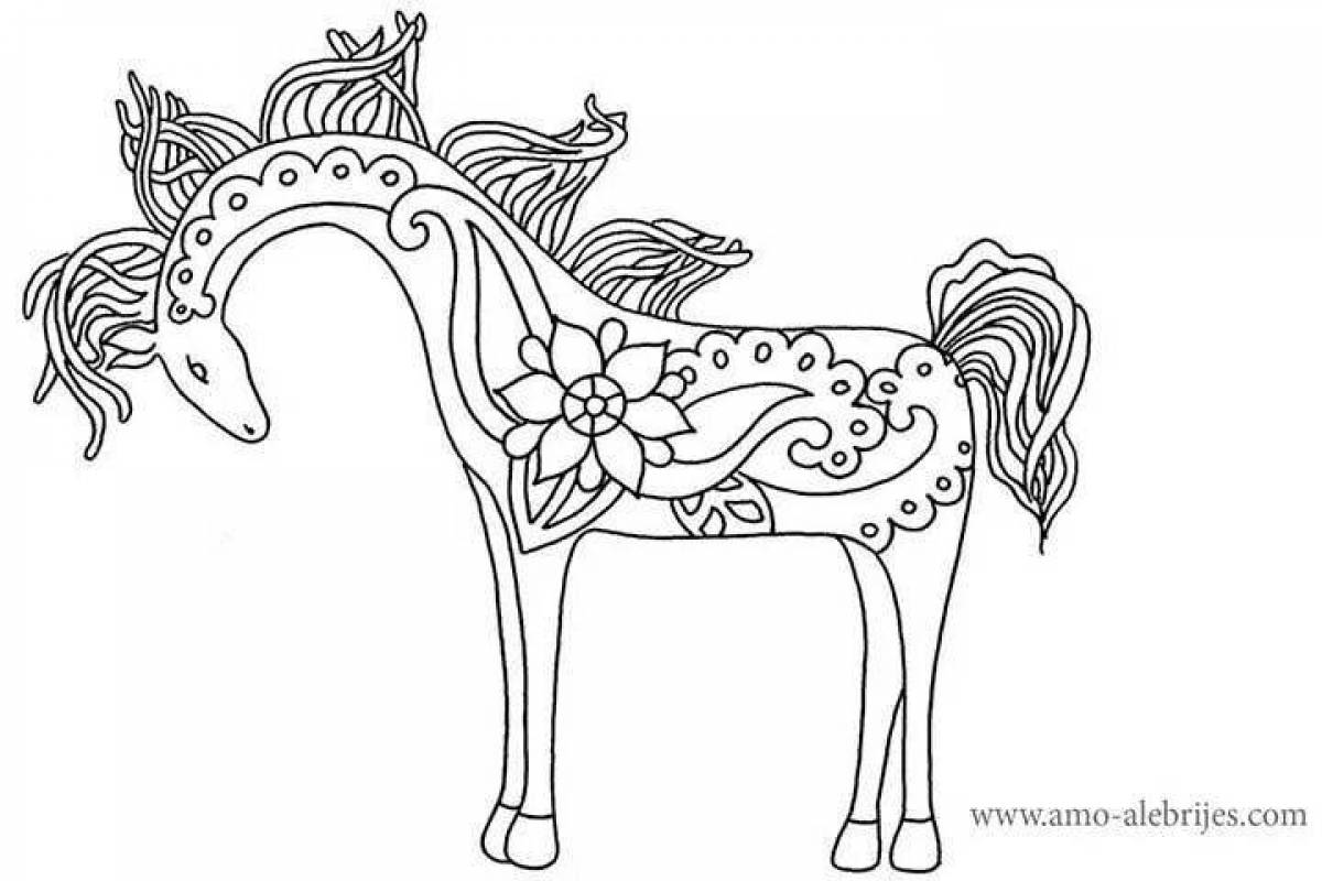 Фото Grand coloring page городецкая лошадь