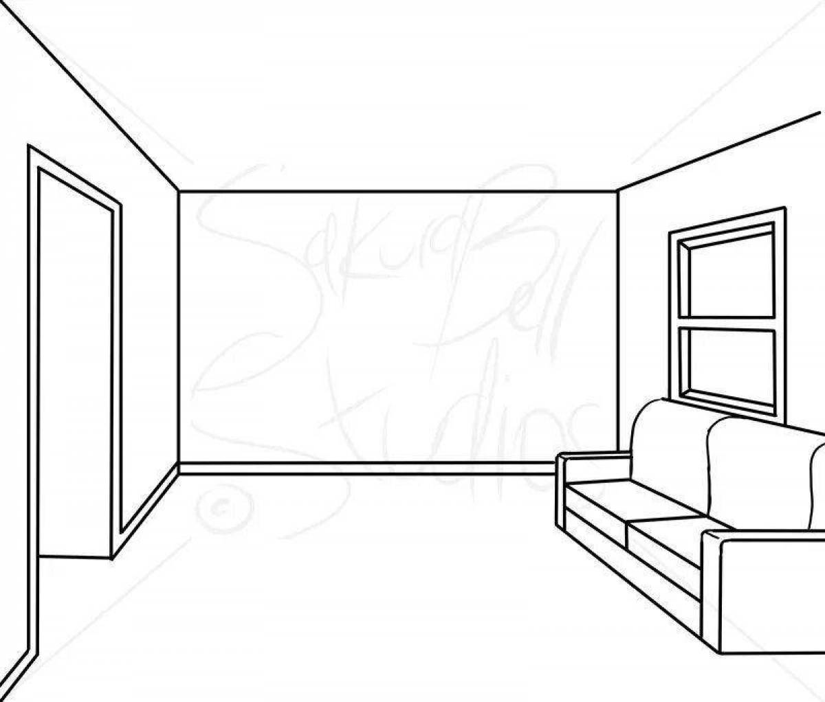 Coloring page empty room with a blanket