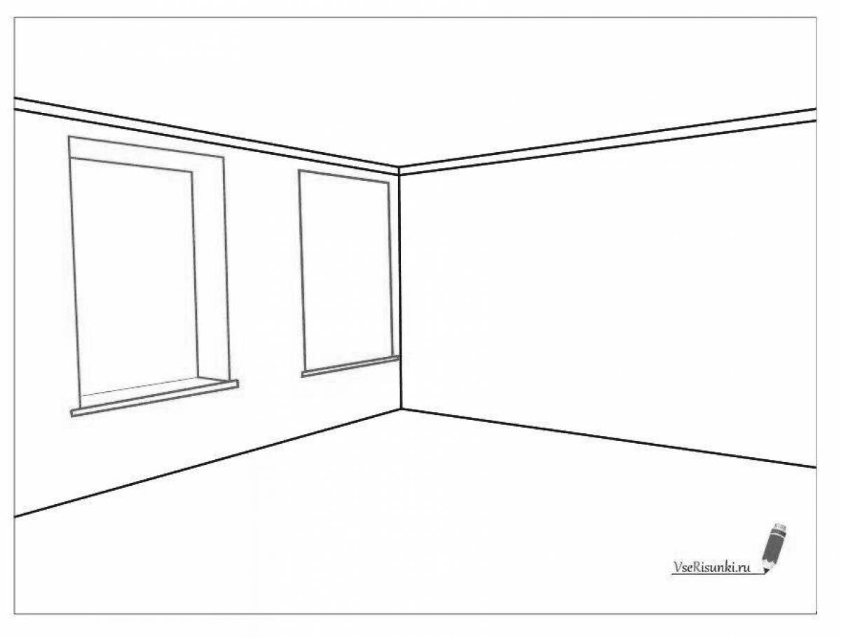 Coloring page of empty room with blank canvas