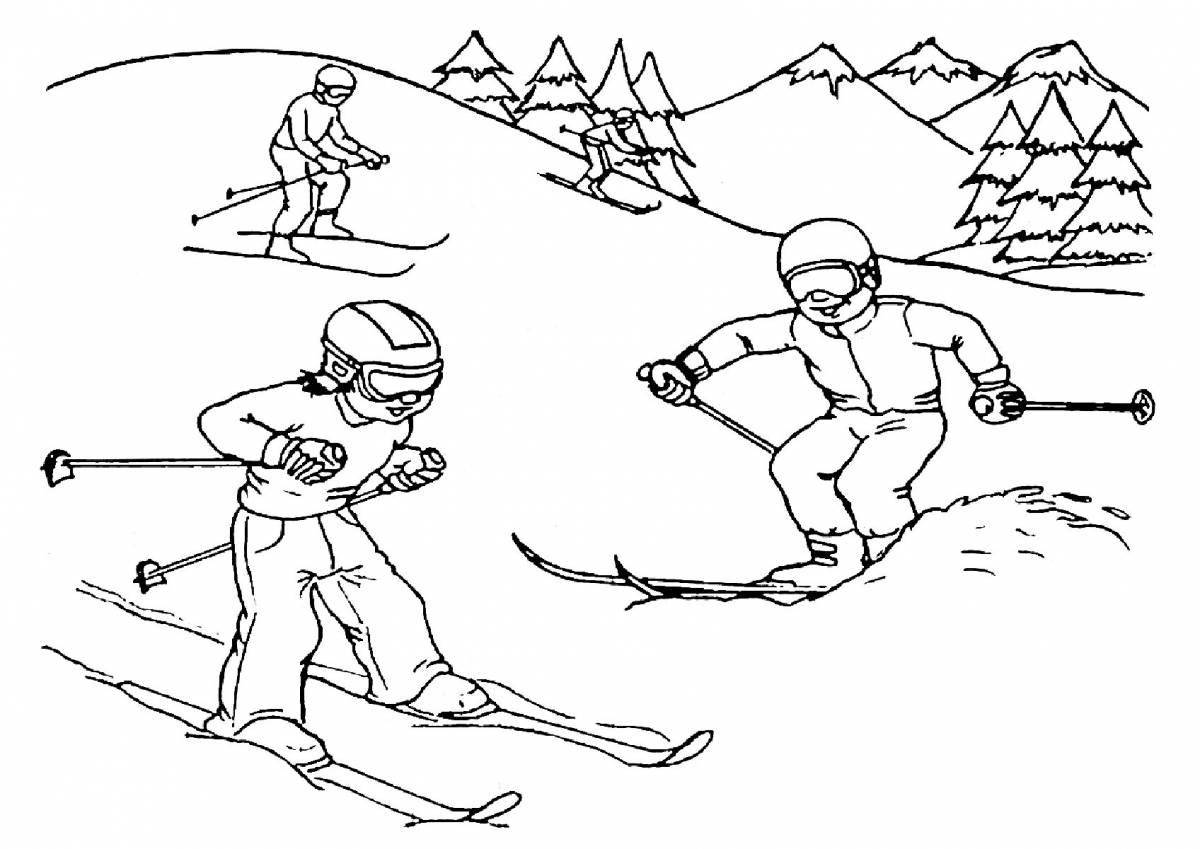 Раскраска «радостное катание на лыжах»
