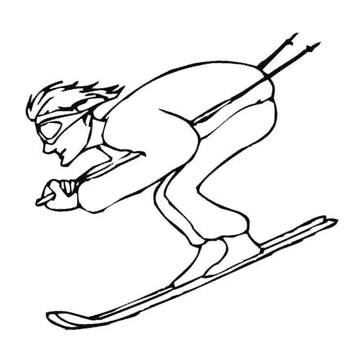 Красочная страница раскраски катания на лыжах