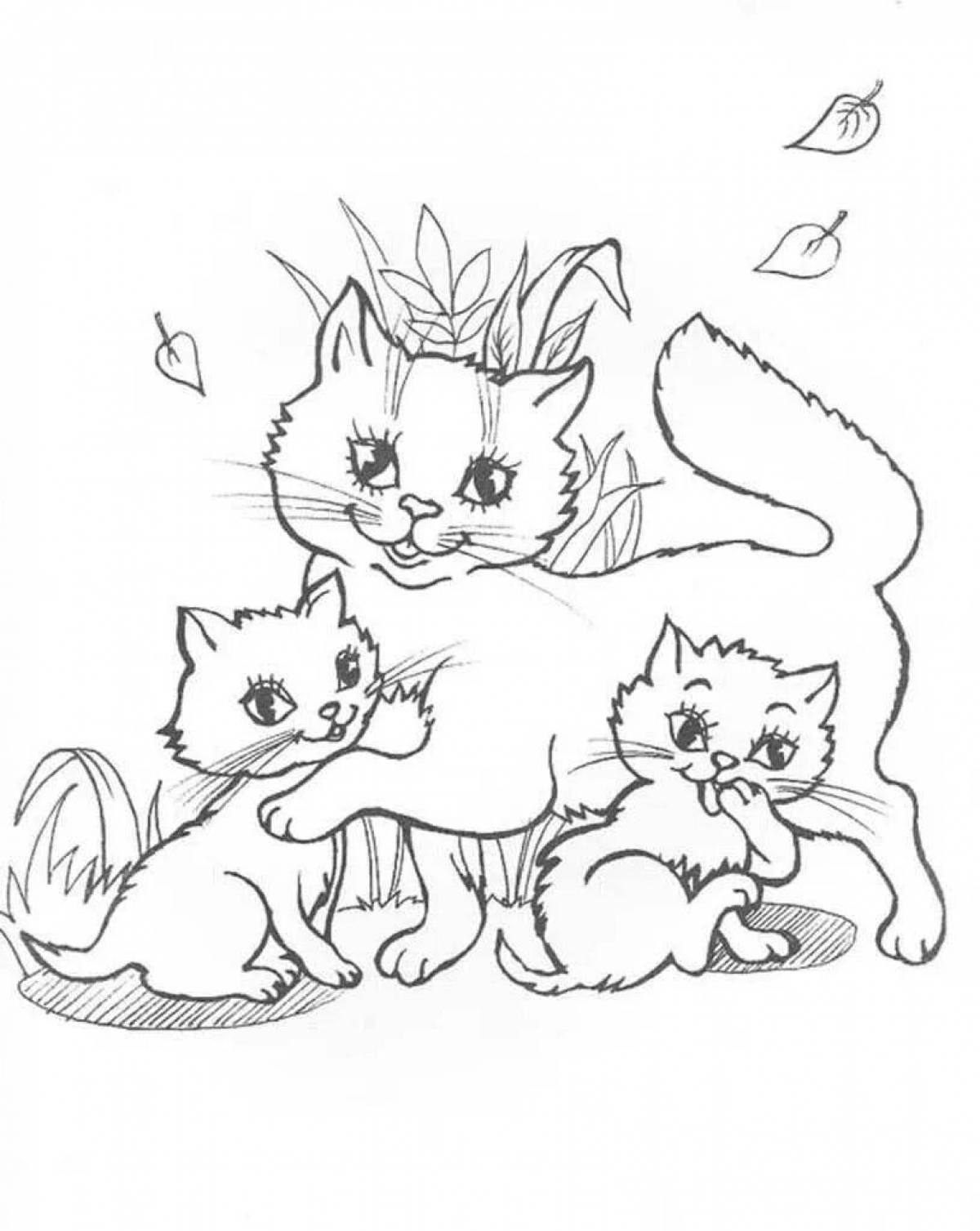 Разукрашка кошка с котятами