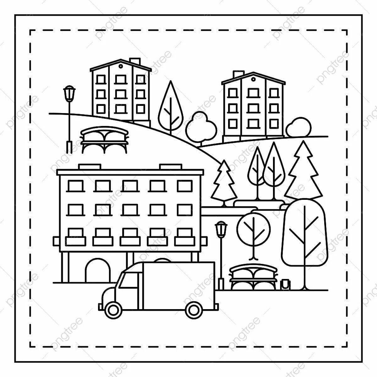 Colorful city street coloring page