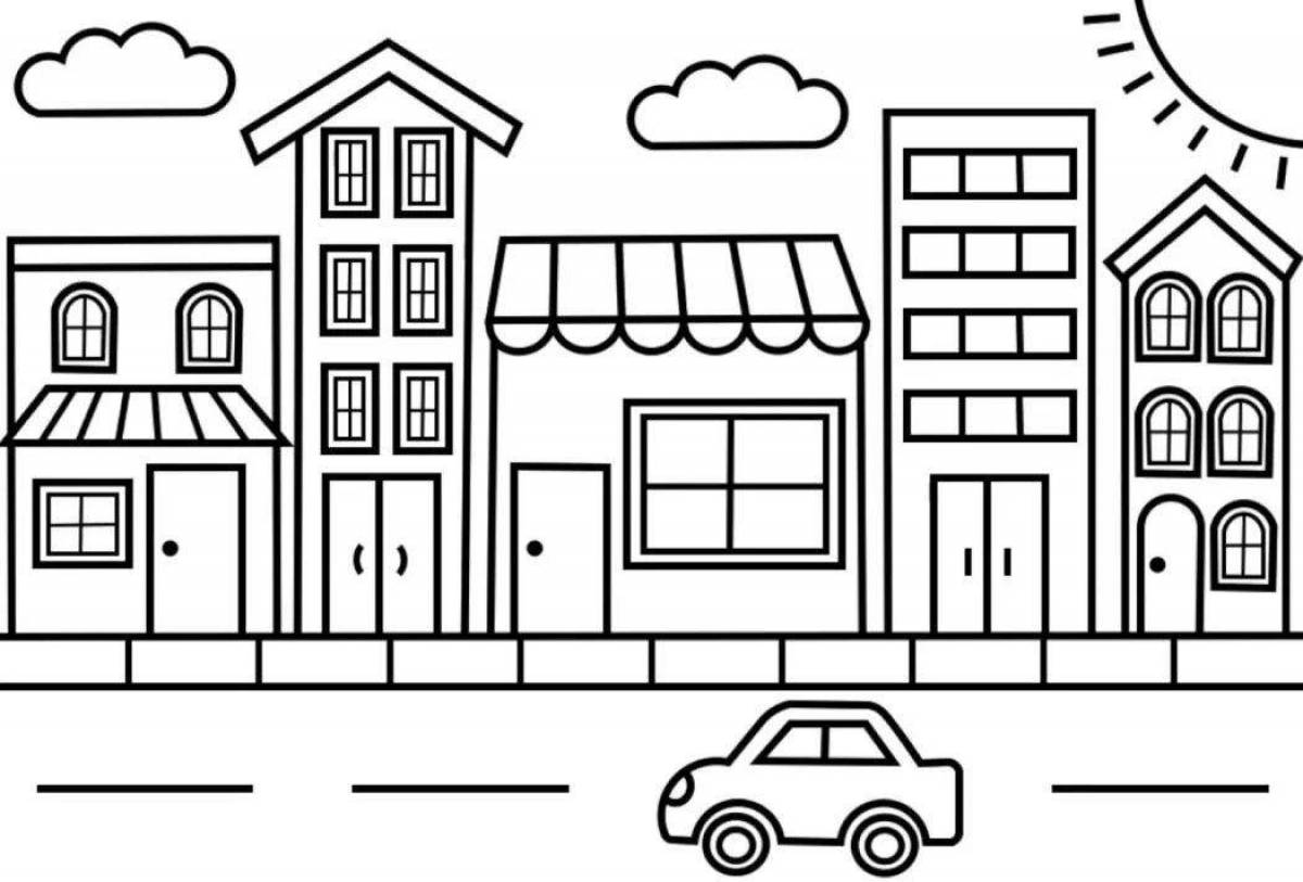 Busy city street coloring page
