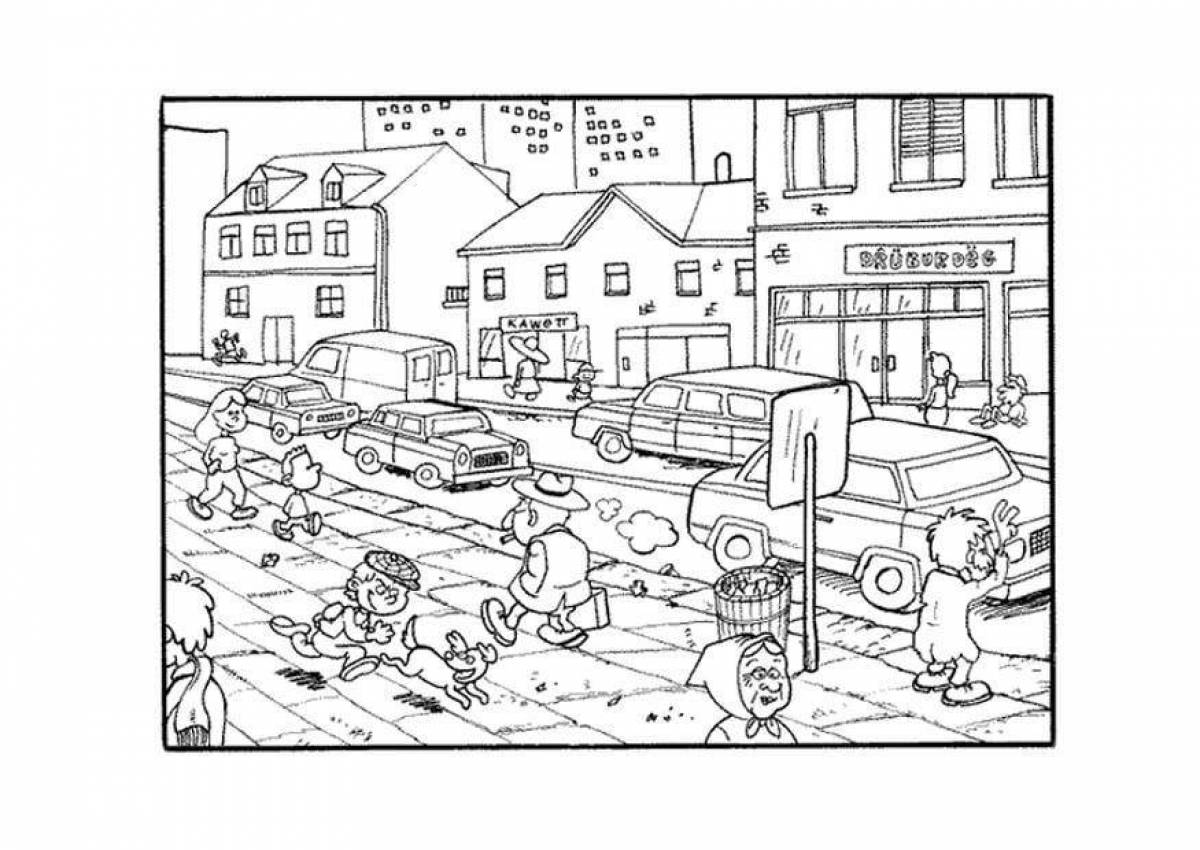 Sunny city street coloring page