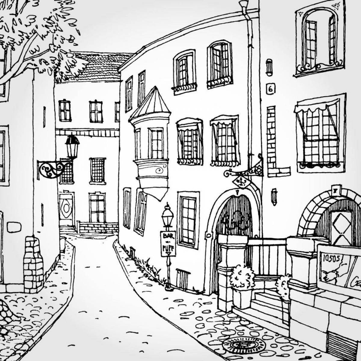 Coloring page calm city street