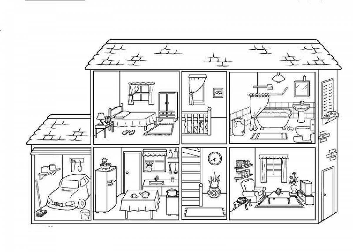 Coloring book humorous house inside