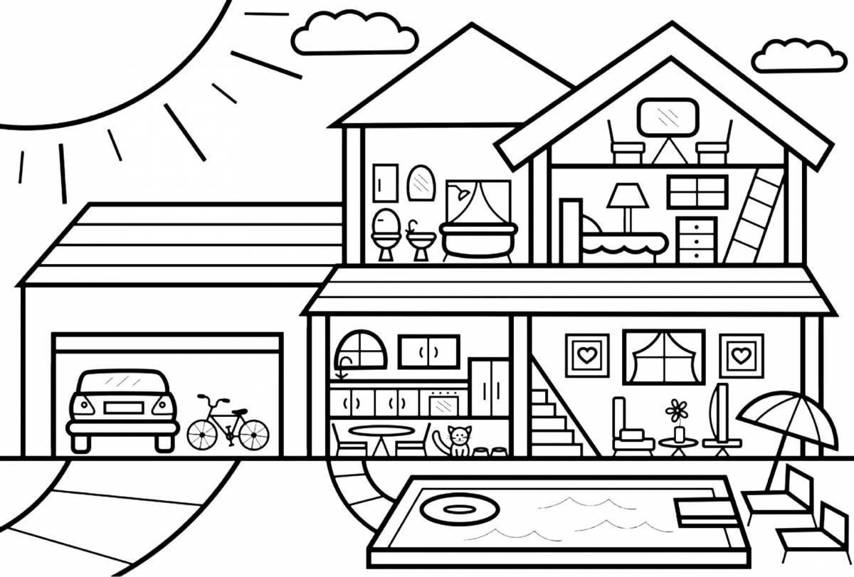 Animated house inside coloring page