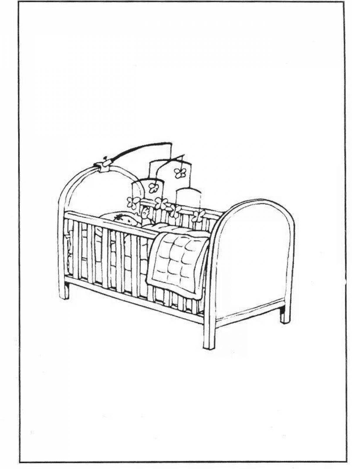 Coloring page joyful doll with a bed