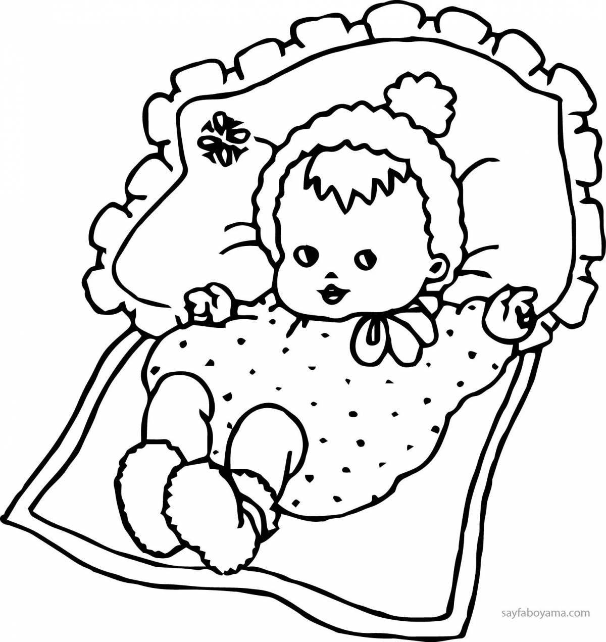 Coloring book funny doll with a bed