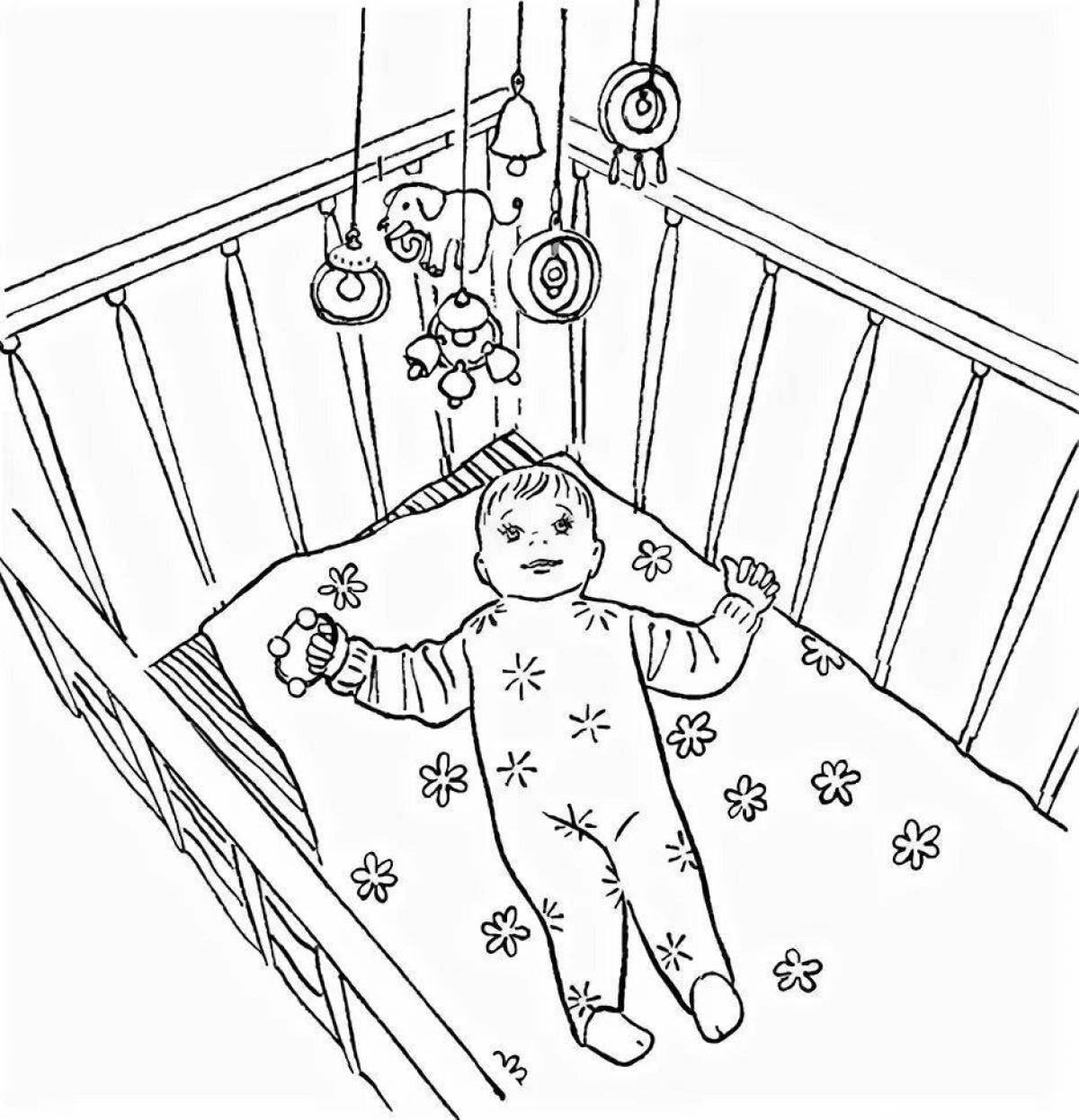 Coloring book sparkling doll with bed