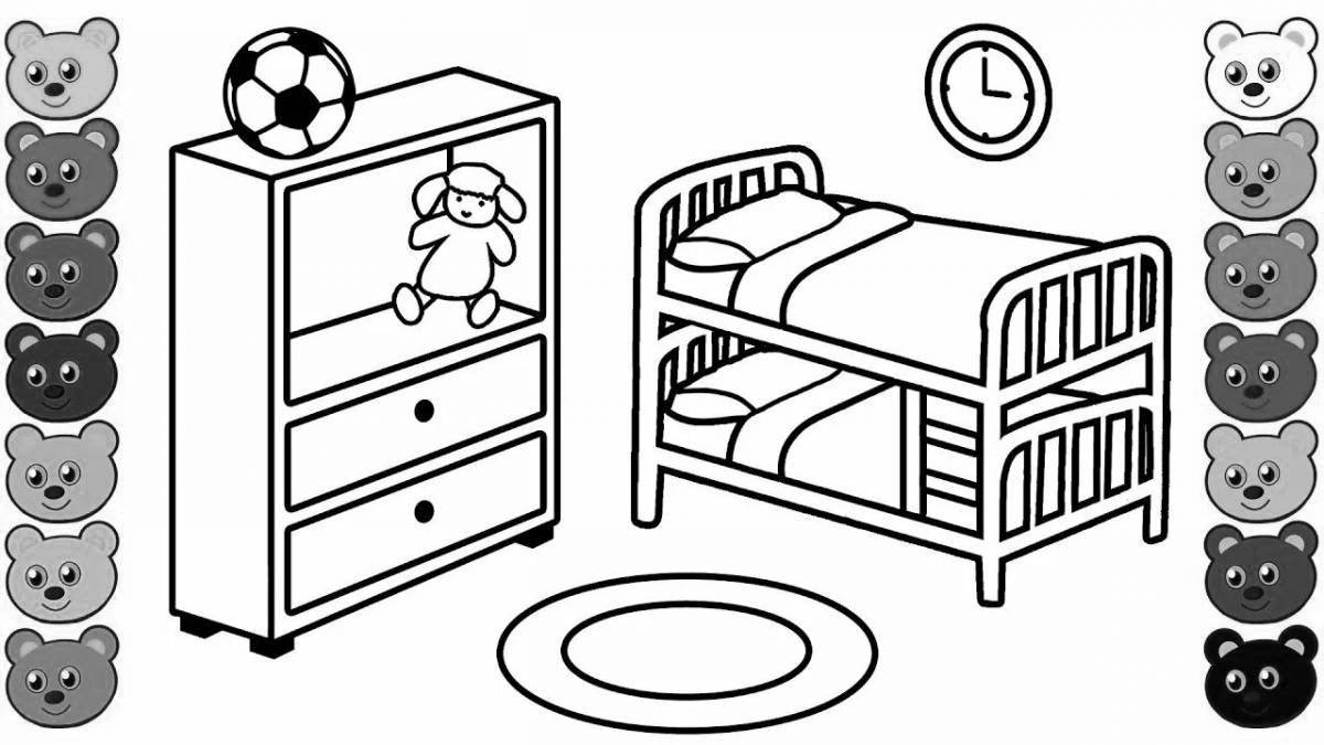 Coloring book funny doll with a bed