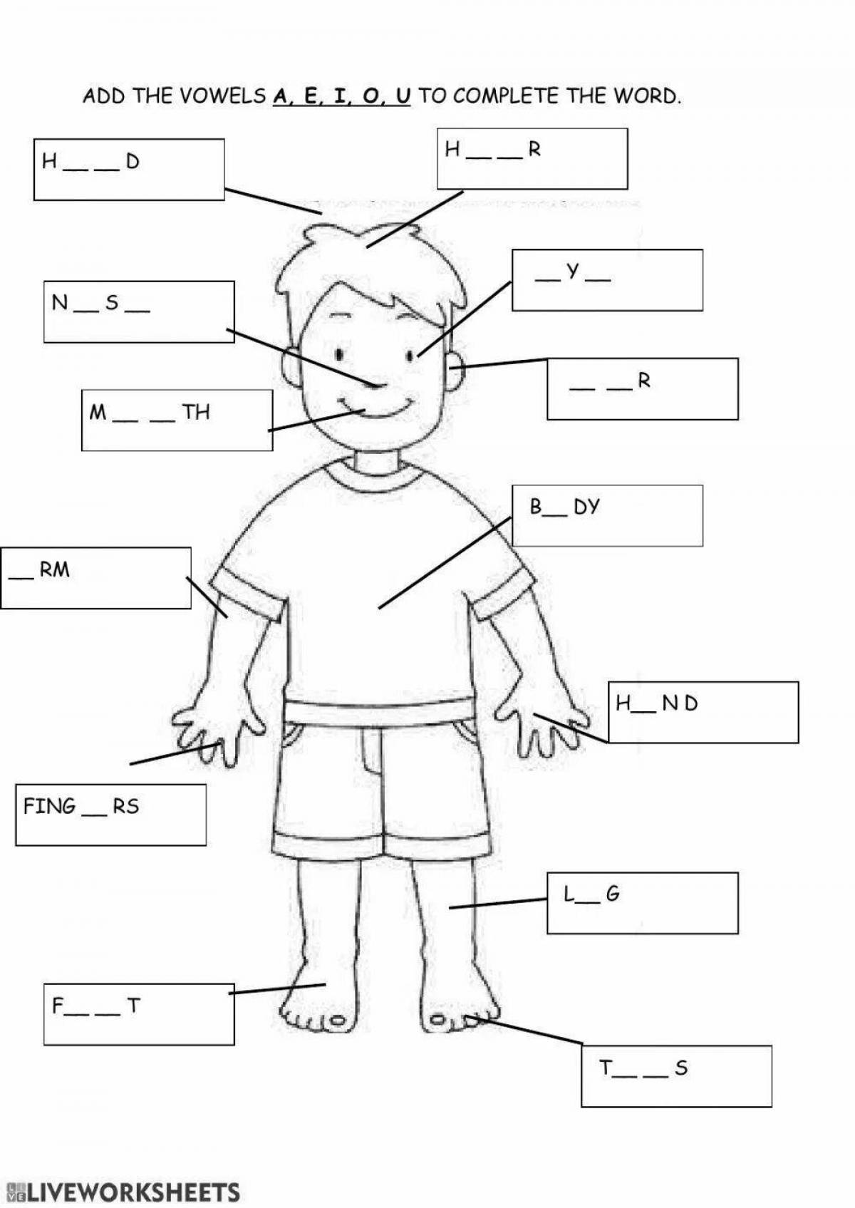 Bright parts of the body in English coloring book