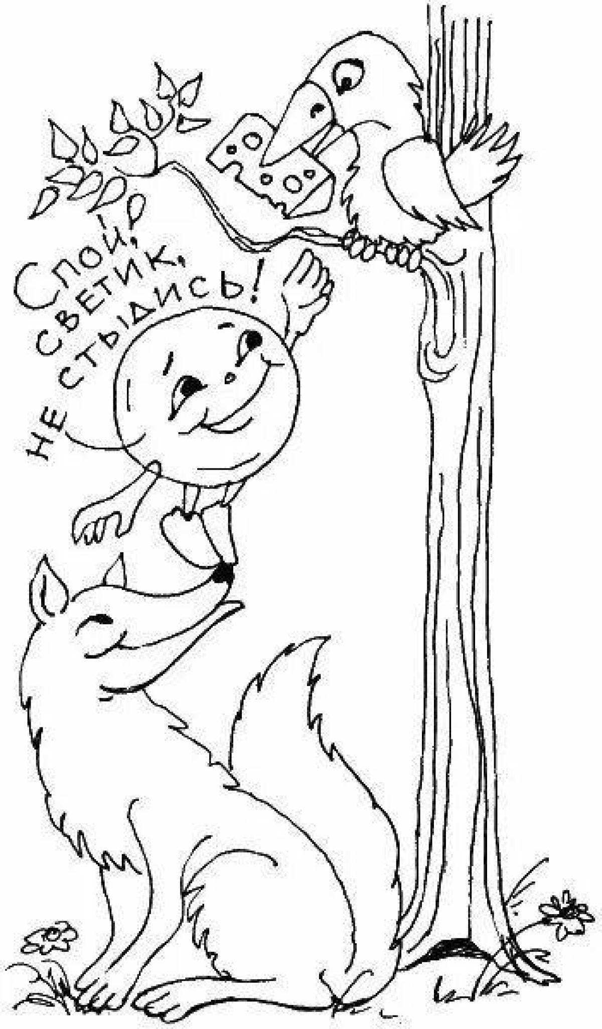 Coloring book humorous fox and crow