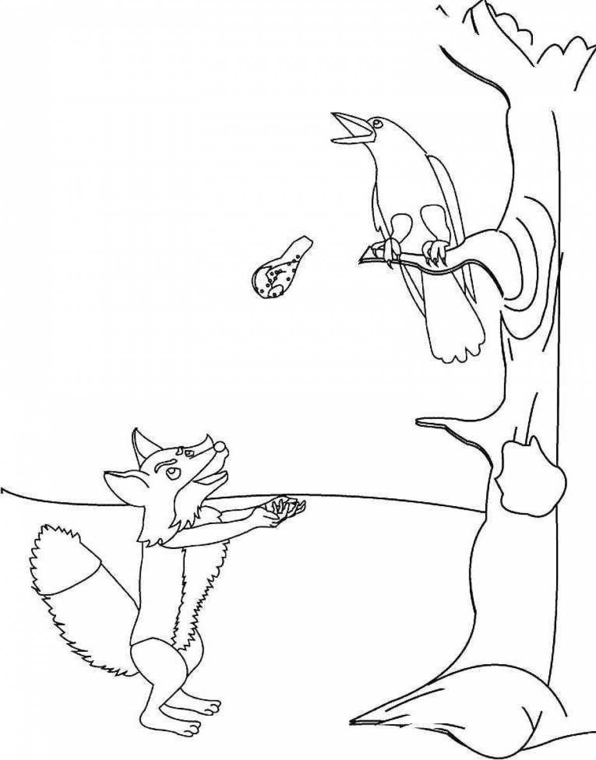 Фото Ecstatic fox and crow fable coloring page