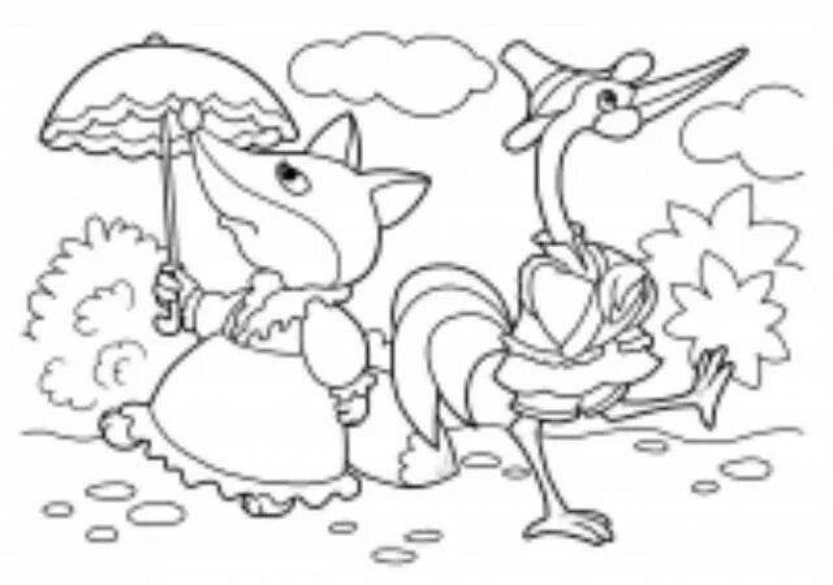 Charming coloring book crane and fox fairy tale