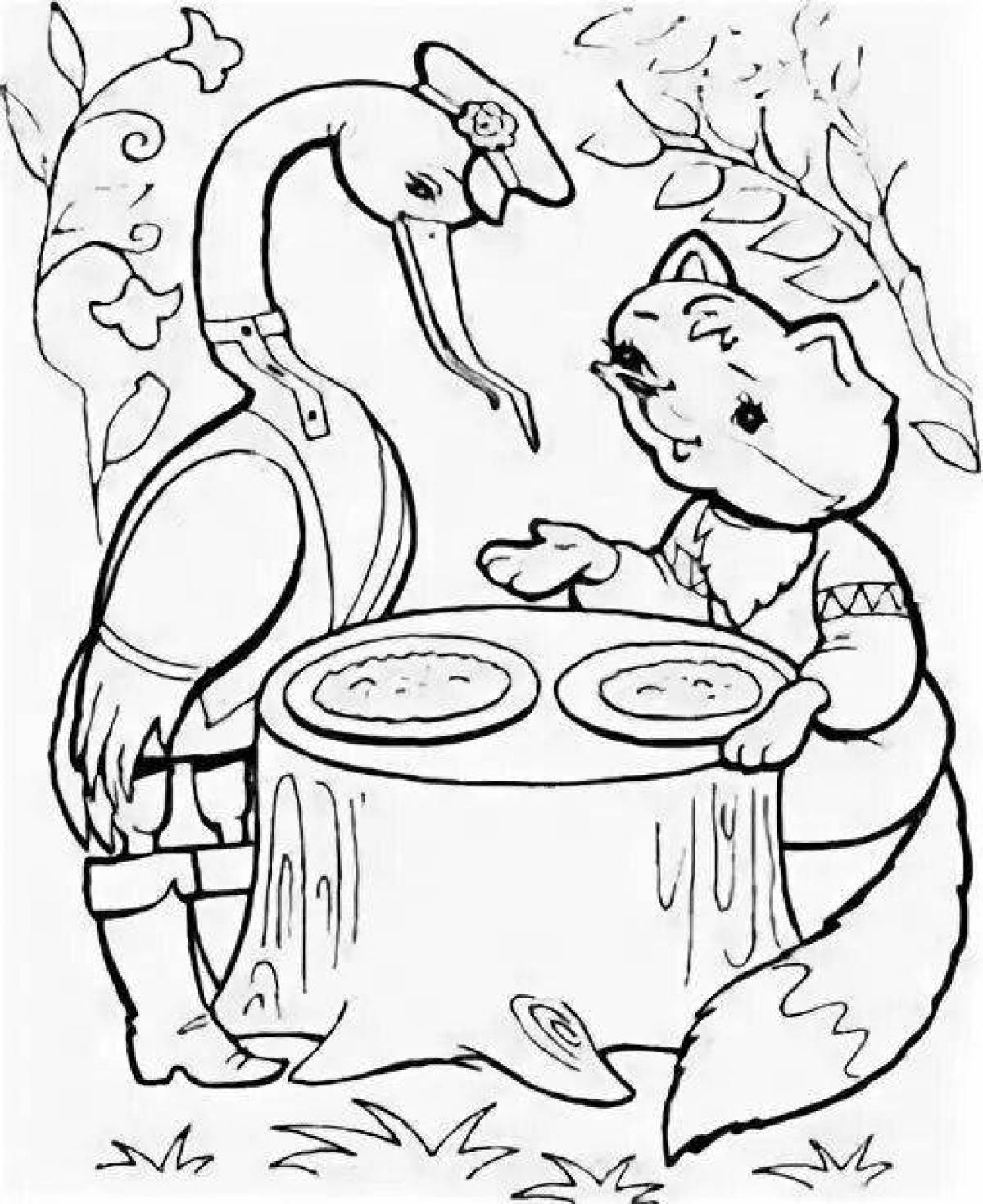 Exotic coloring book crane and fox fairy tale