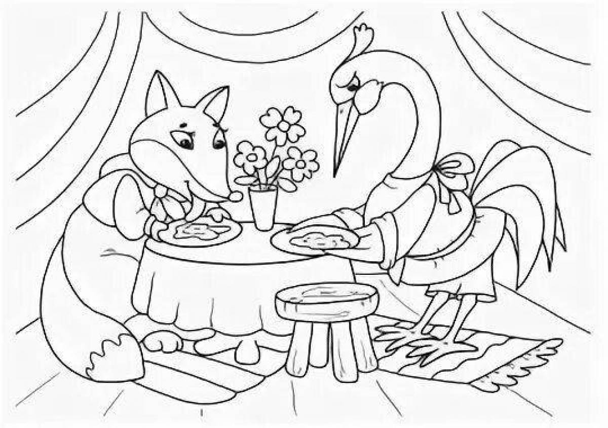 Elegant coloring book crane and fox fairy tale