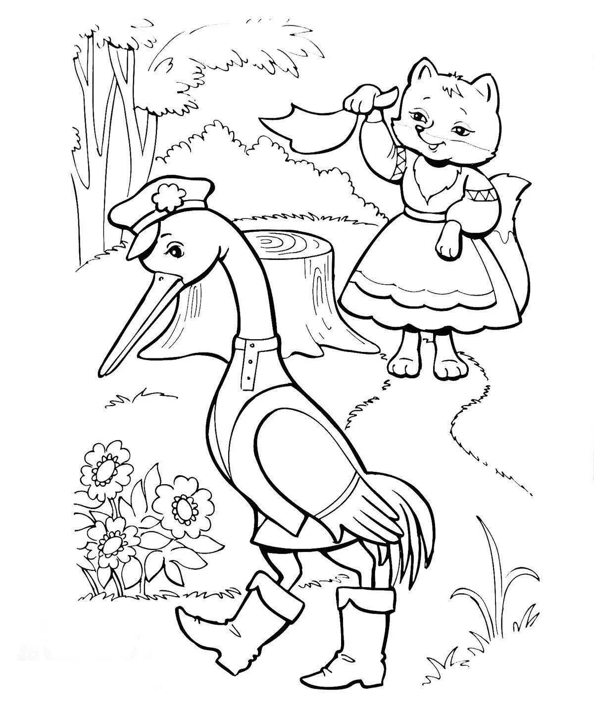 Intriguing coloring book crane and fox fairy tale