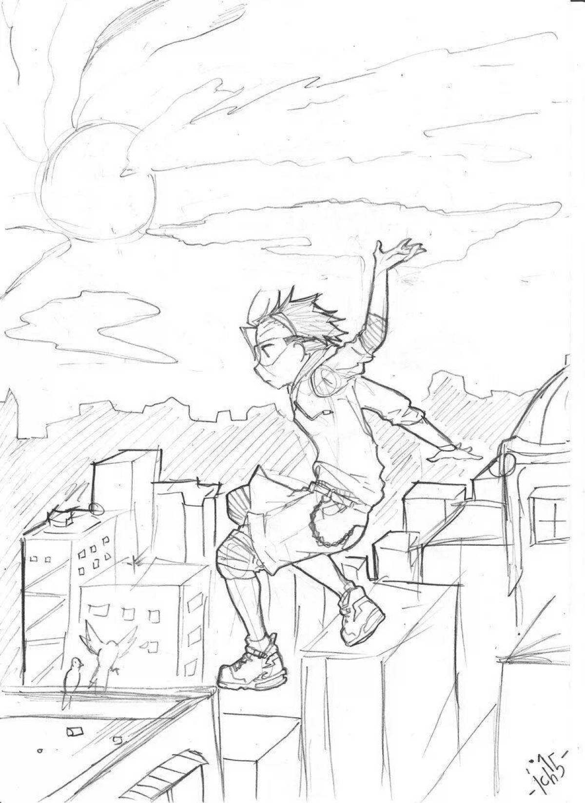 Coloring page energetic parkour