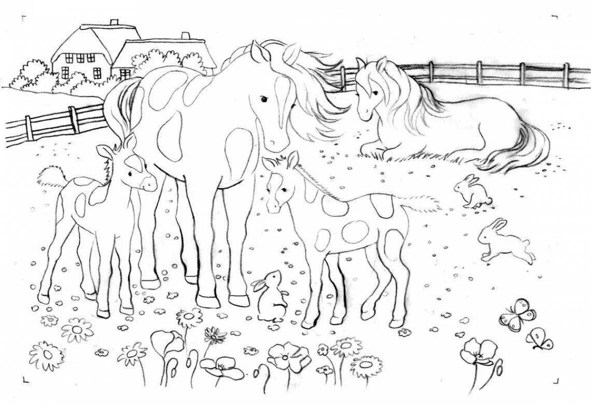 Coloring page elegant grazing horses