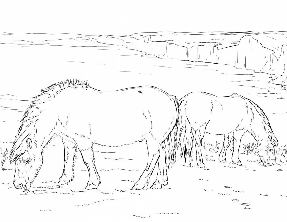 Coloring page of glorious grazing horses