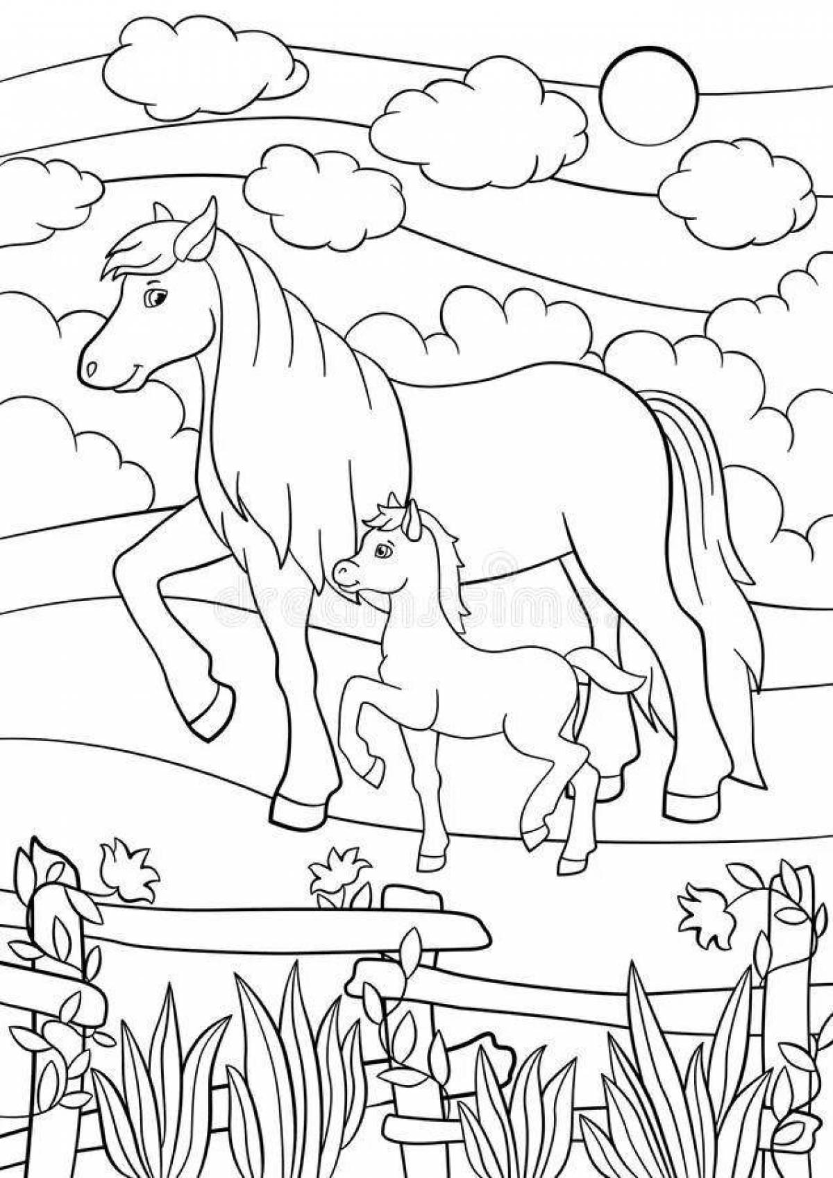 Coloring page gorgeous grazing horses