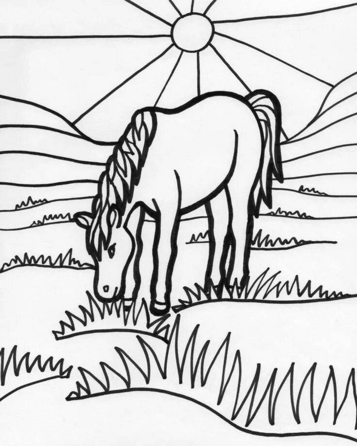 Coloring page flashing grazing horses