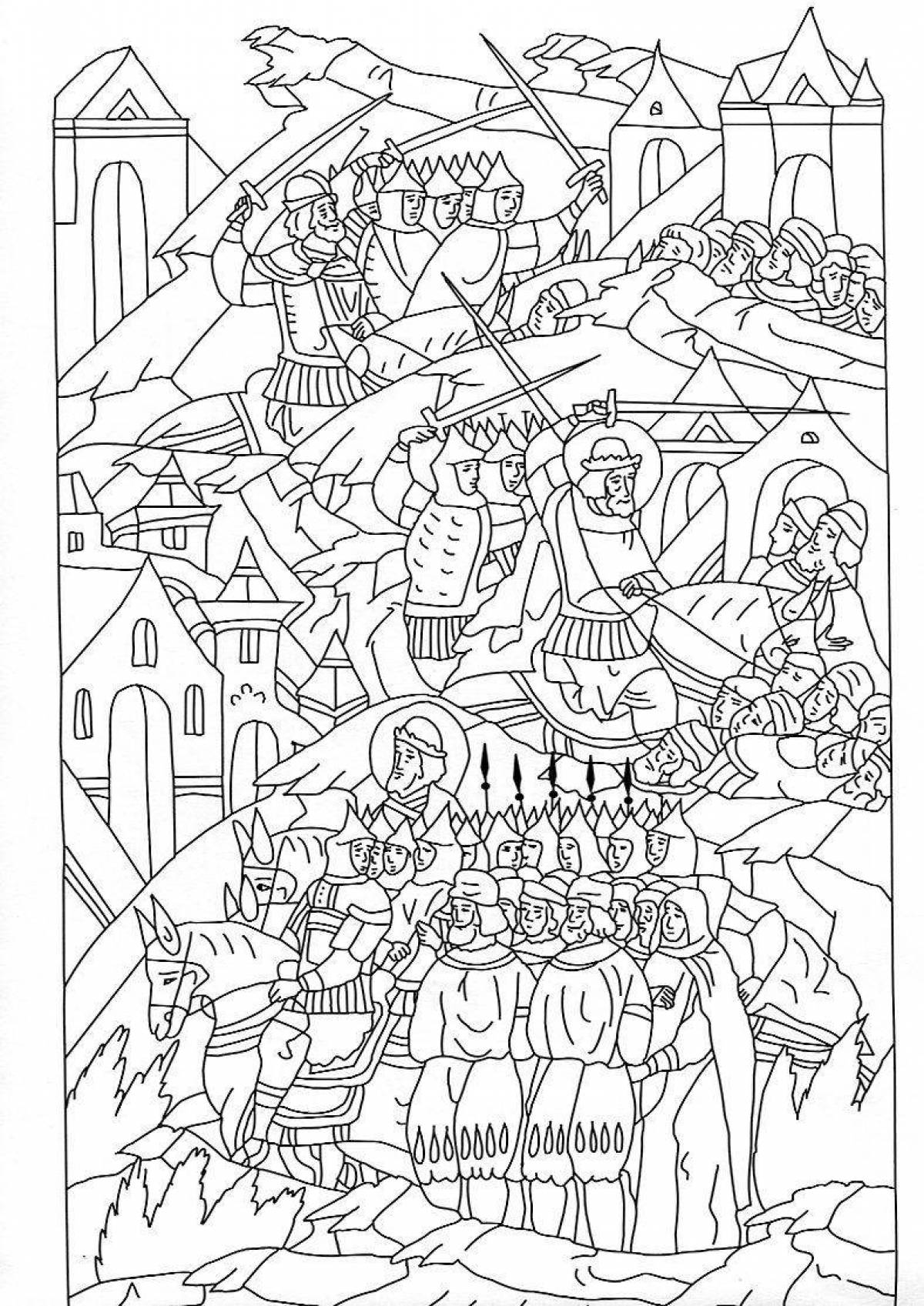 Brightly illustrated battle on ice coloring page
