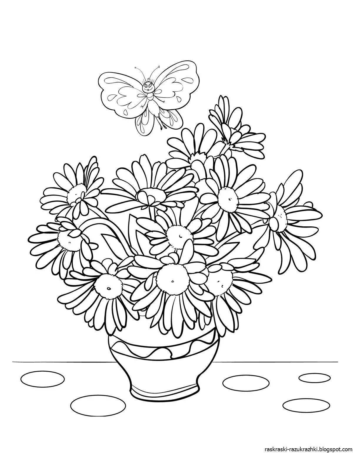 Coloring book glowing bouquet of daisies