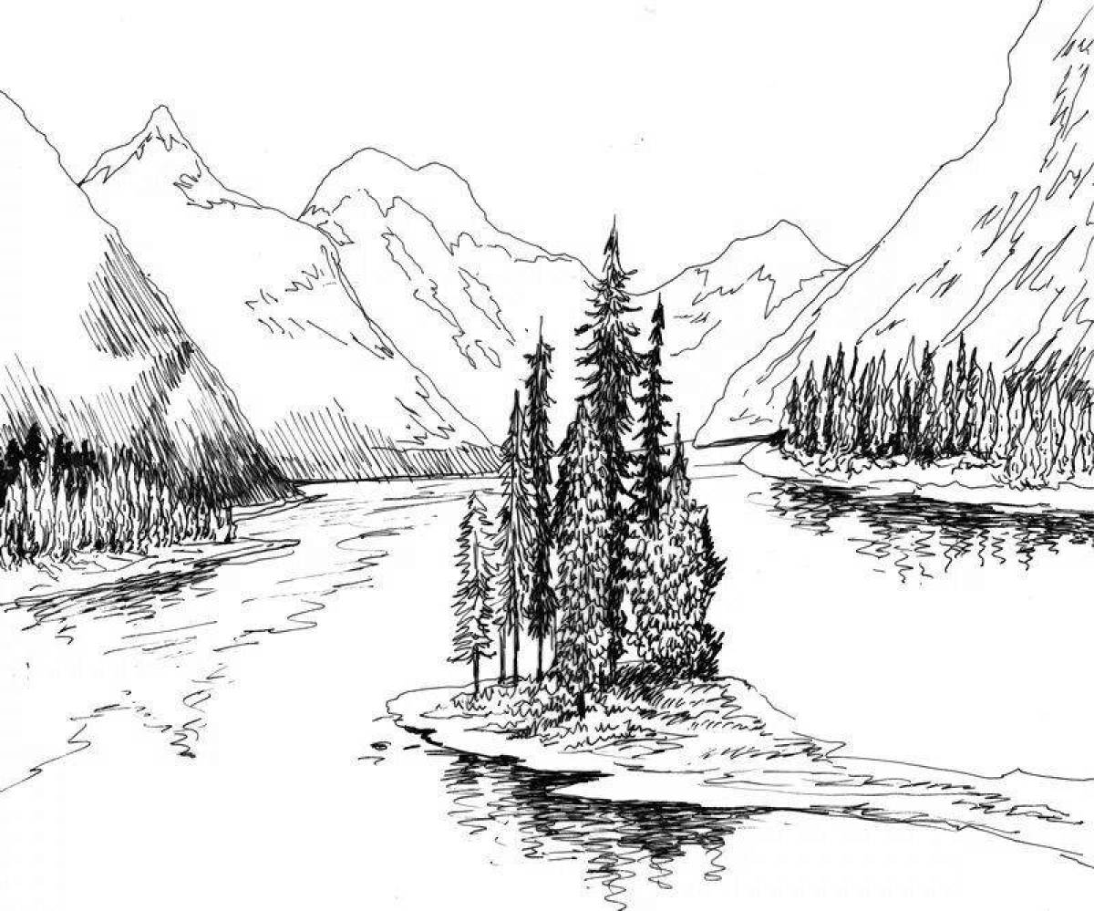 Coloring page charming mountain landscape