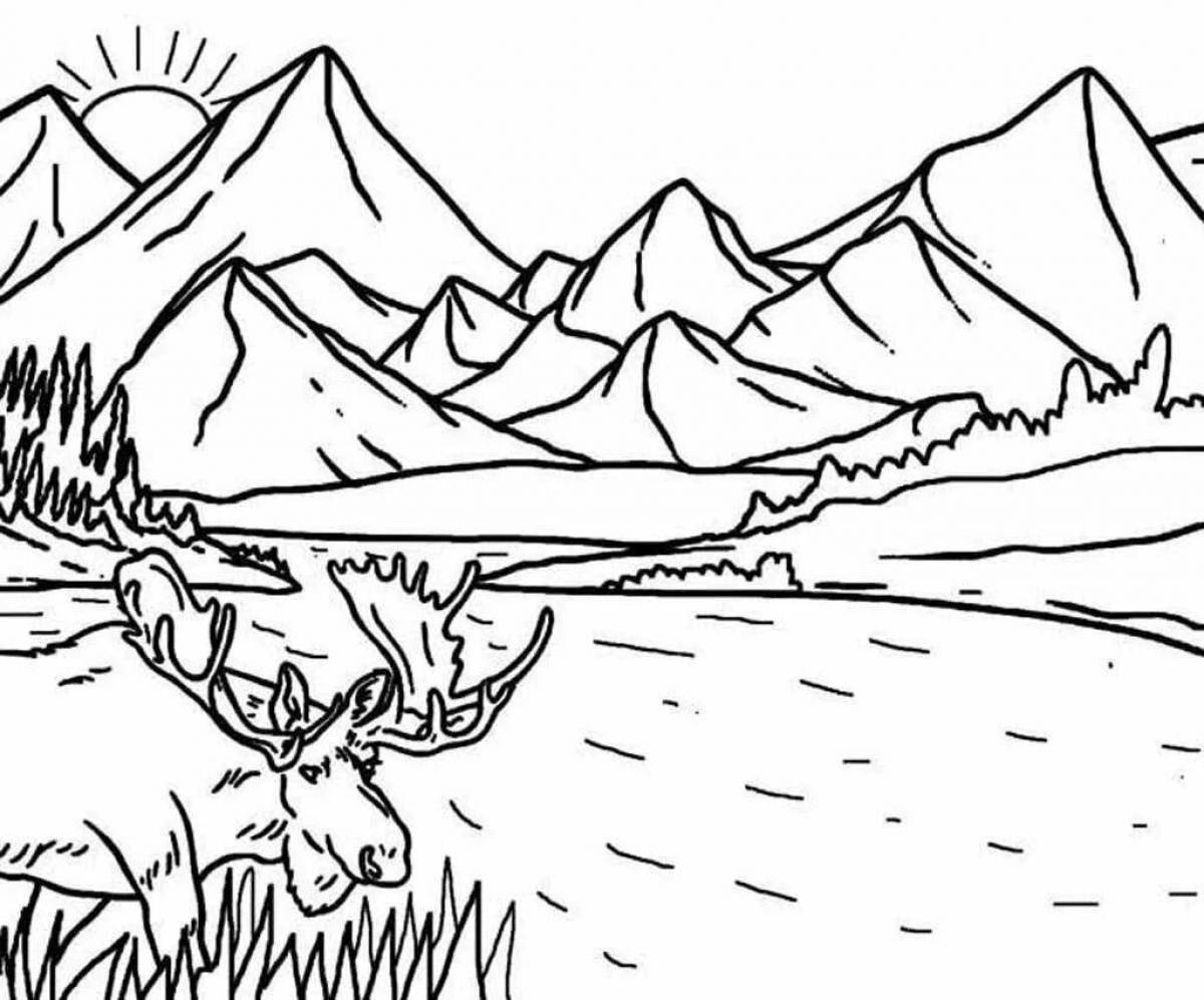 Coloring book glowing mountain landscape