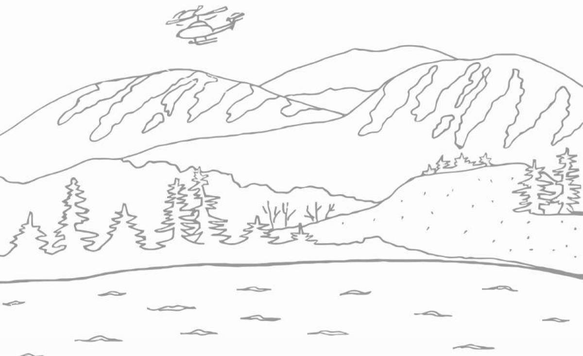 Calming mountain landscape coloring page