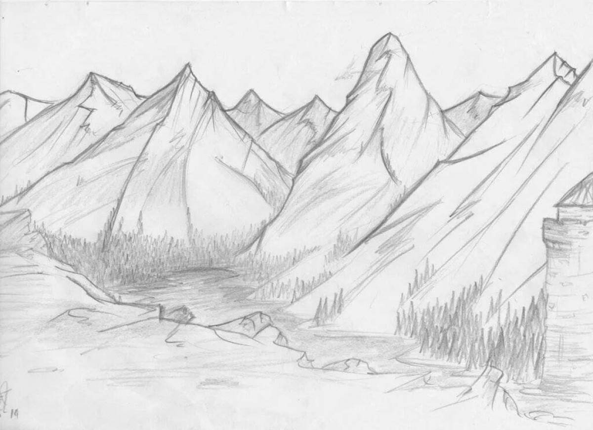 Coloring book fascinating mountain landscape