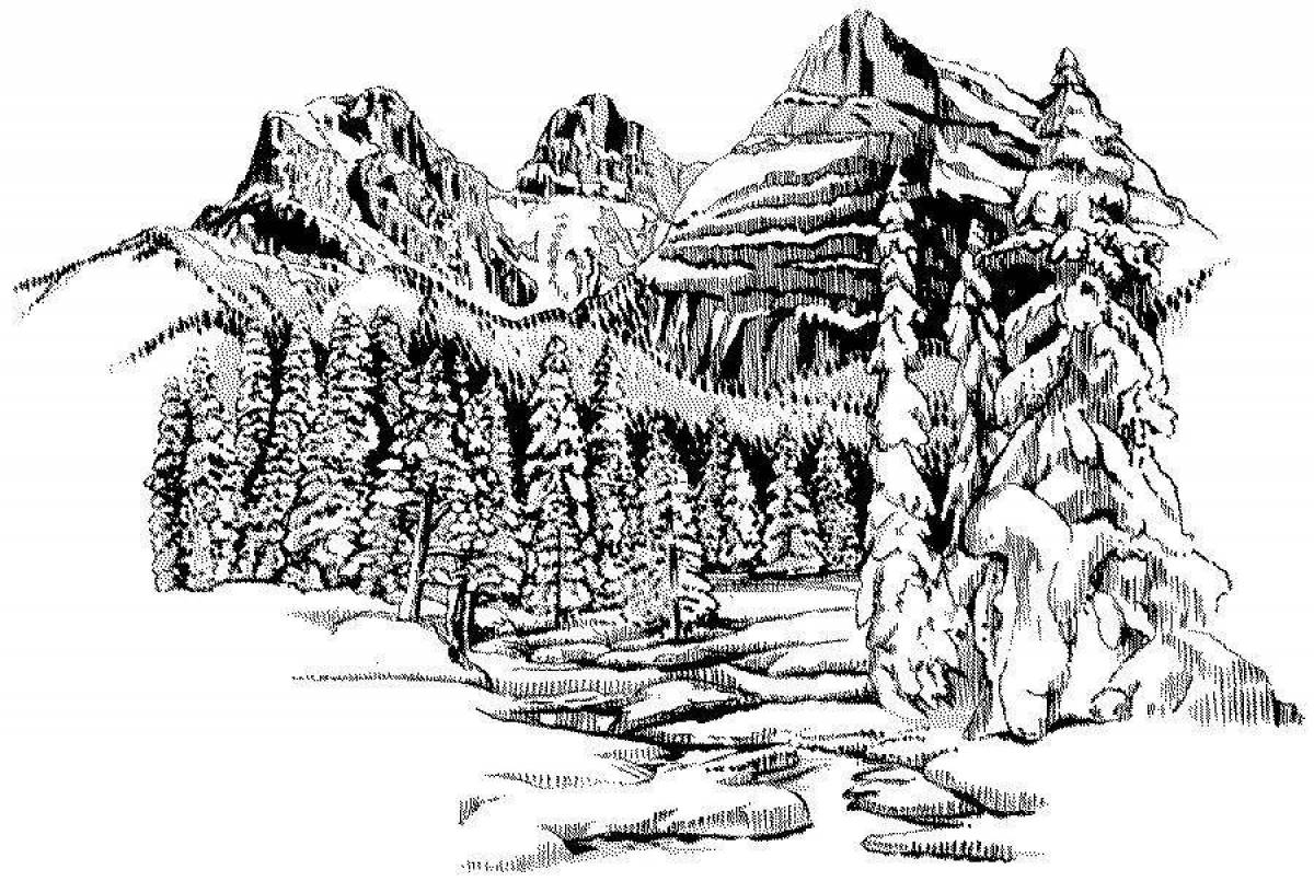 Coloring book inviting mountain landscape